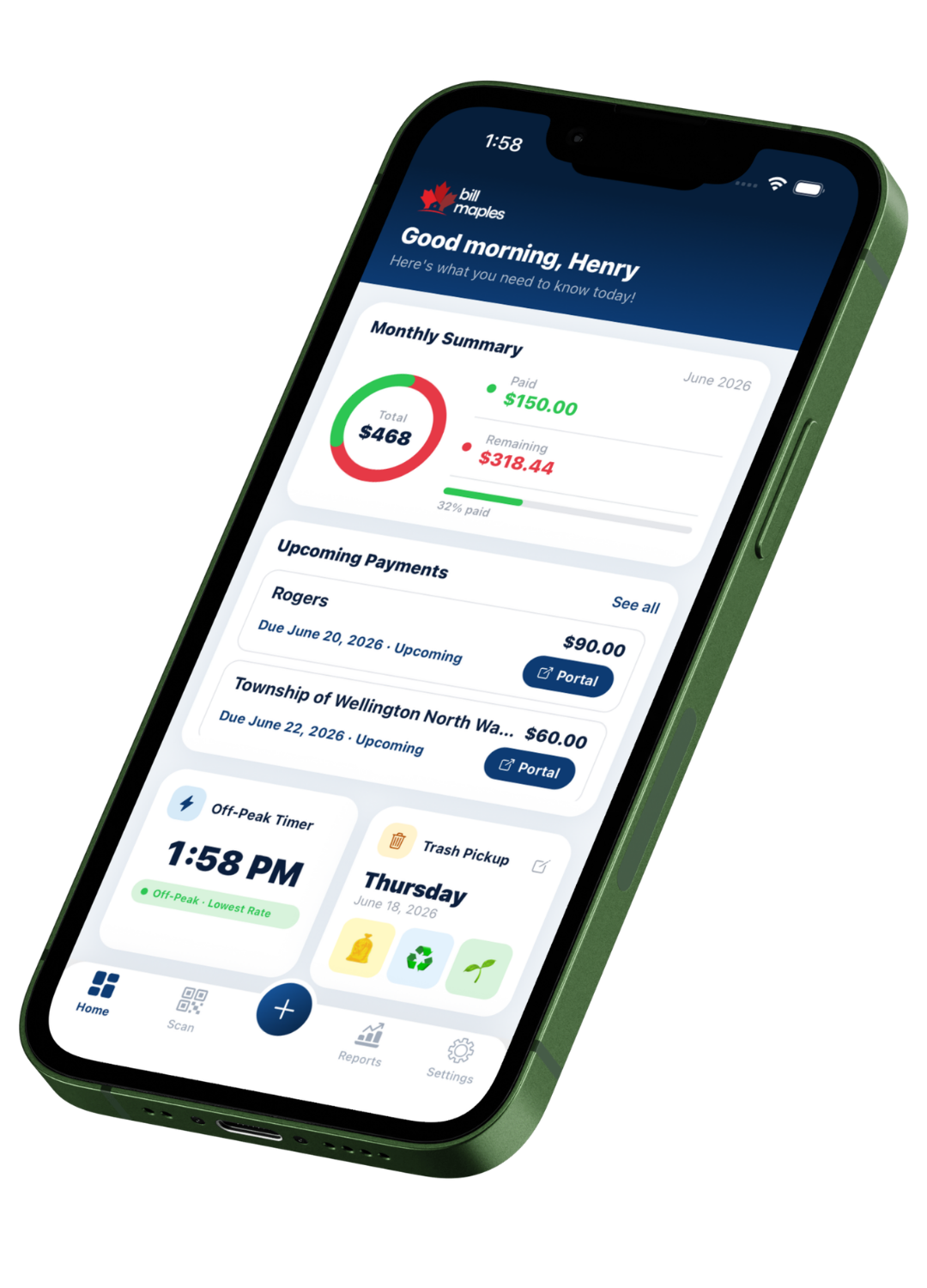 BillMaple app dashboard on an iPhone