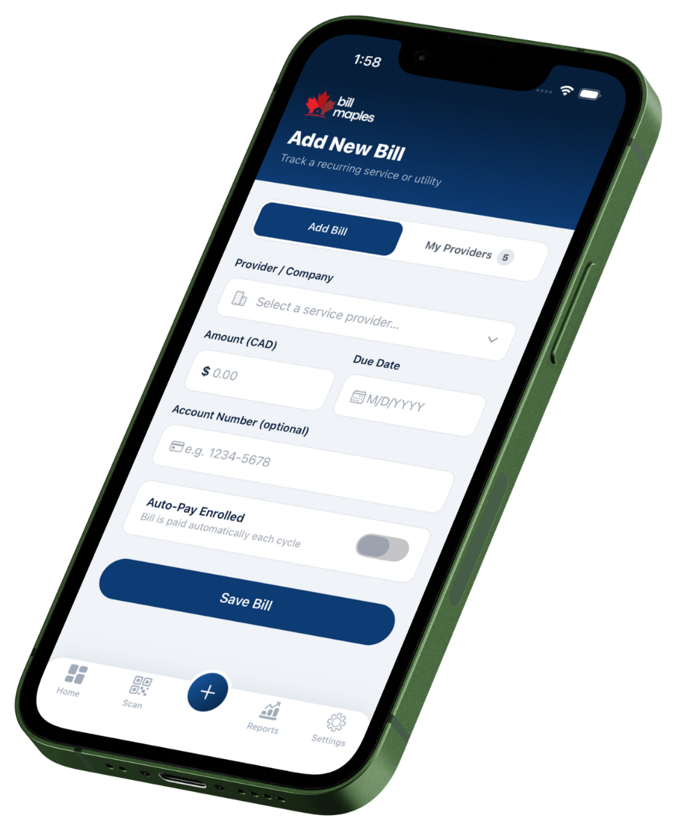 BillMaple app — Add New Bill screen