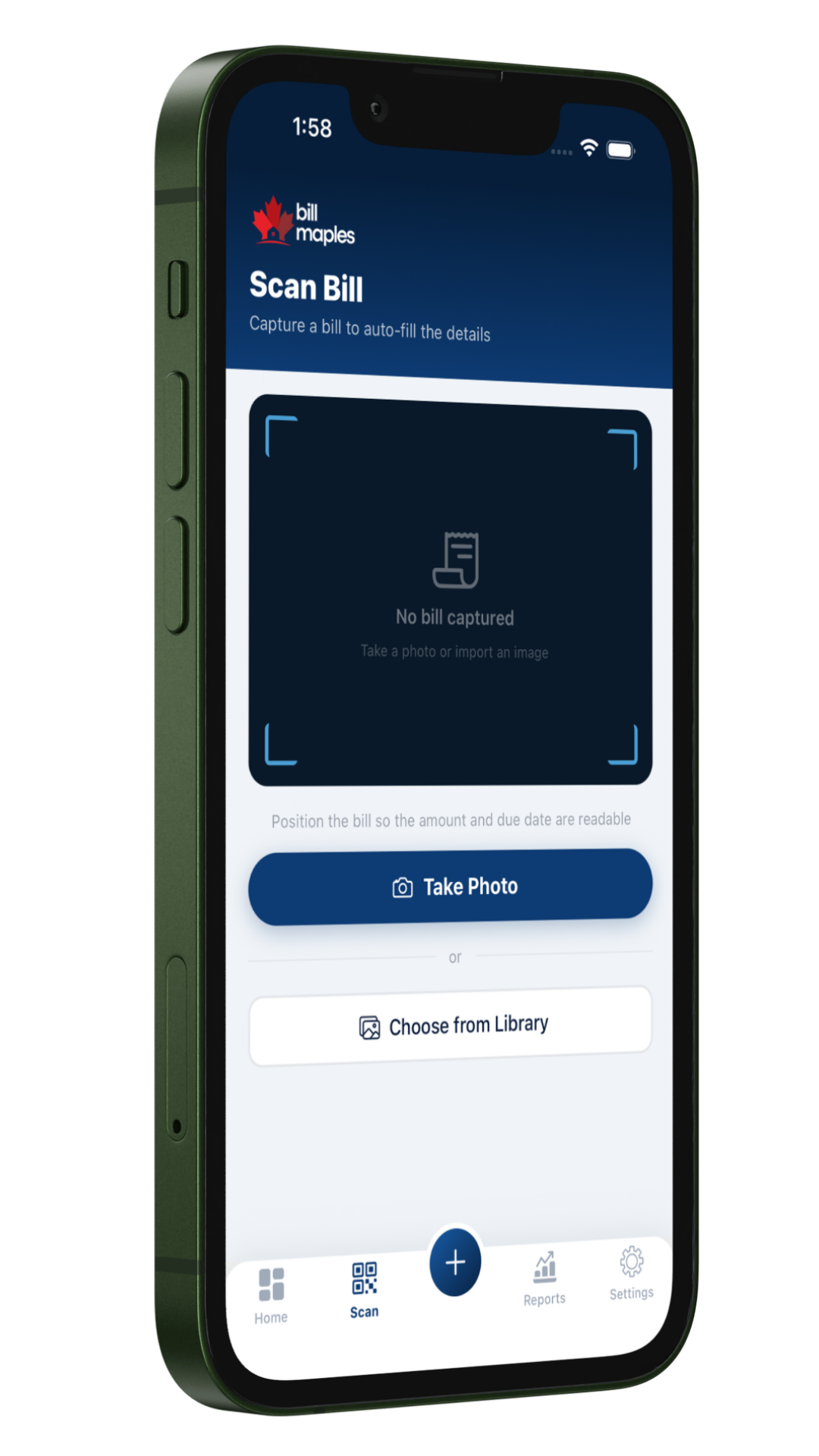 BillMaple app — Payments scan screen