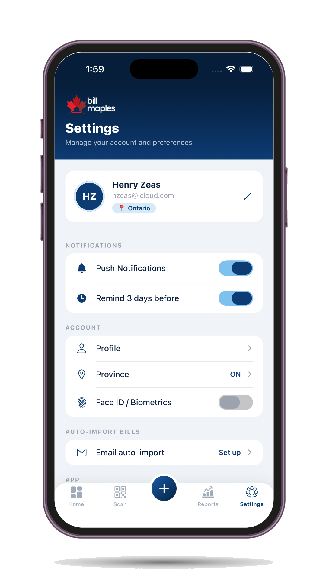 BillMaple app — Reminders settings screen